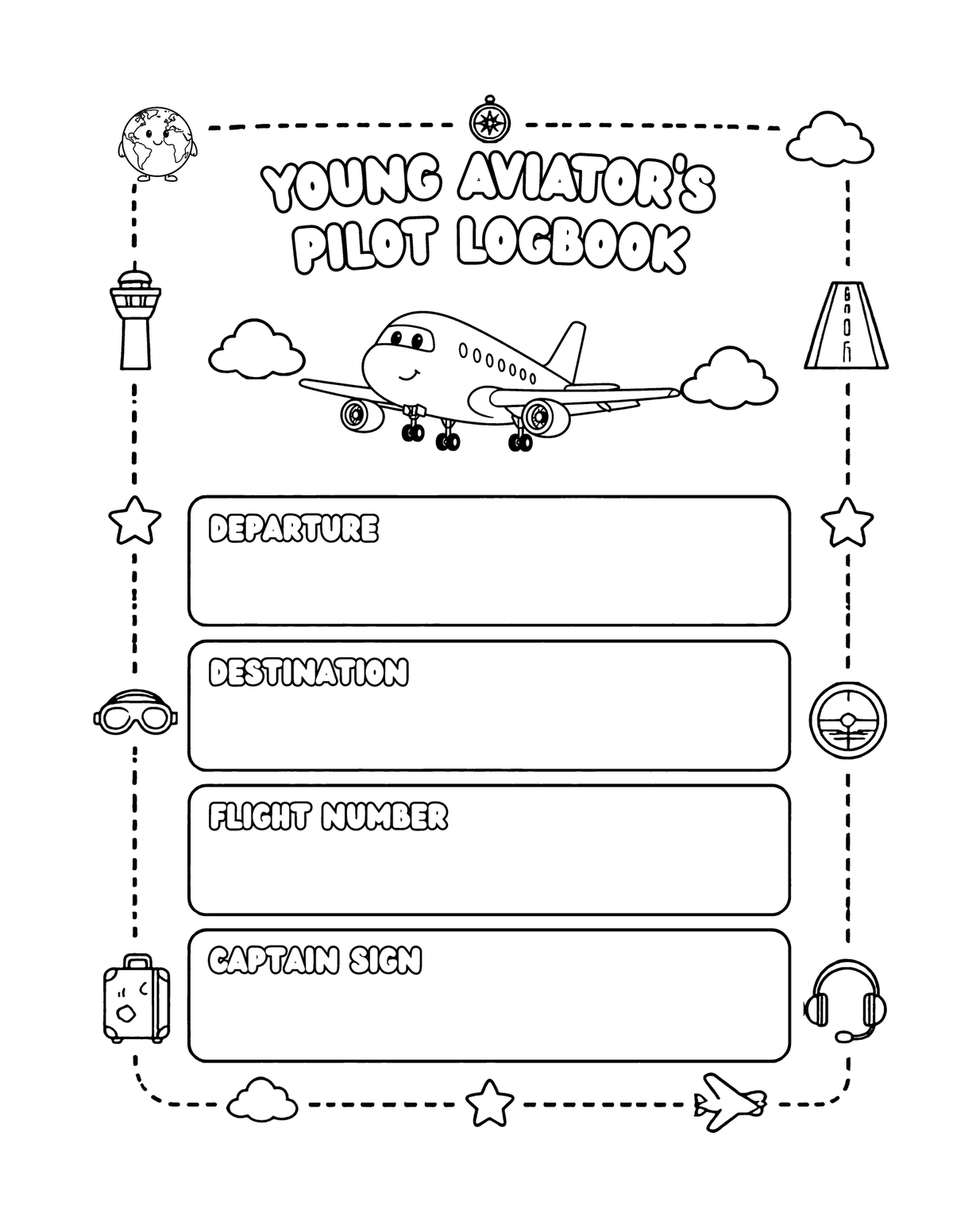Pagina del Young Aviator's Pilot Logbook: partenza, destinazione, numero del volo e firma del comandante